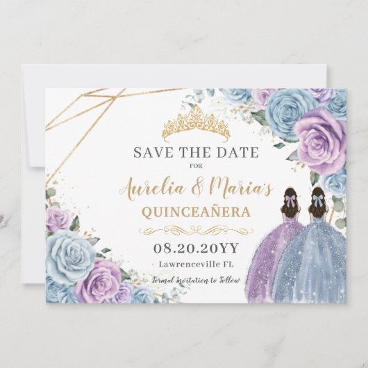 Paarse en Blauwe Bloemen Twins Quinceanera Sweet 1 Save The Date (Voorkant)