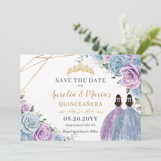 Paarse en Blauwe Bloemen Twins Quinceanera Sweet 1 Save The Date (Staand voorkant)
