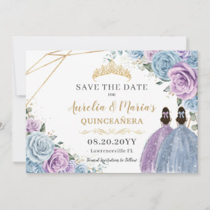 Paarse en Blauwe Bloemen Twins Quinceanera Sweet 1 Save The Date