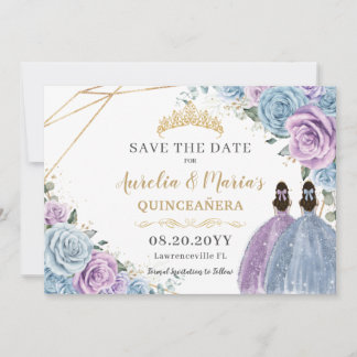 Paarse en Blauwe Bloemen Twins Quinceanera Sweet 1 Save The Date
