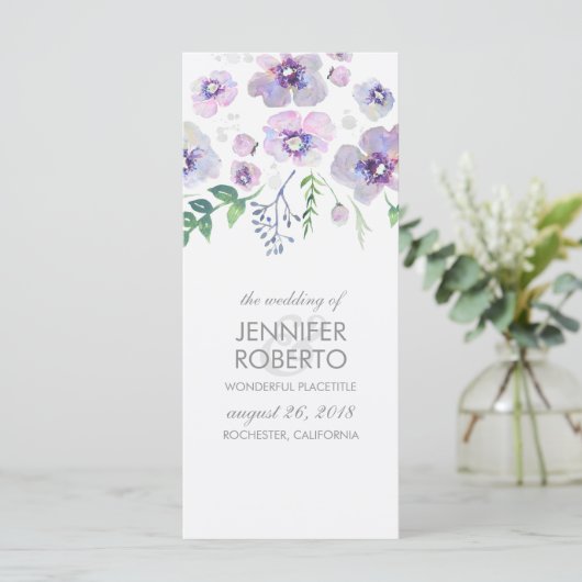 Paarse en blauwe bloemen Waterverf bruiloft progra Programmakaart (Staand voorkant)