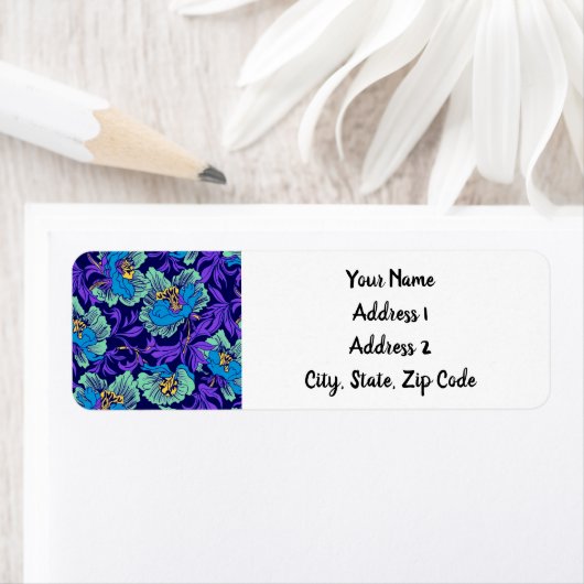 Paarse en blauwe bloemen William Morris Etiket (Insitu)