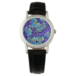 Paarse en blauwe bloemen William Morris Horloge