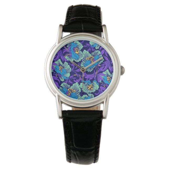 Paarse en blauwe bloemen William Morris Horloge (Voorkant)