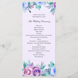 Paarse en blauwe bloemenbruiloft. Waterverf bloeme Programmakaart