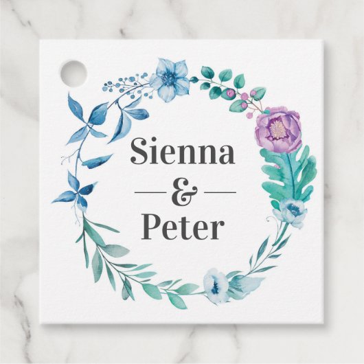 Paarse en blauwe bloemenkrans Trouwgunst labels (Voorkant)