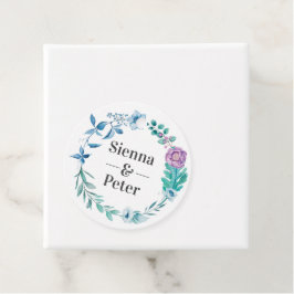 Paarse en blauwe bloemenkrans Trouwgunst labels