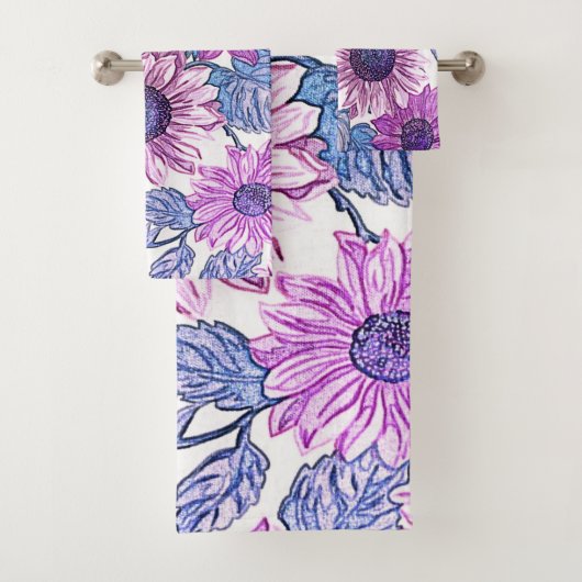 Paarse en Blauwe Bloemige Bad Handdoek Set (Insitu)