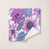 Paarse en Blauwe Bloemige Bad Handdoek Set (Wasdoekje)