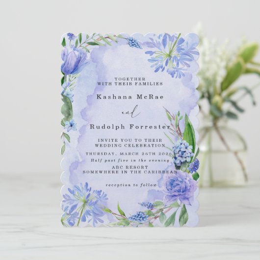 Paarse en blauwe bloemige platte Save The Date kaa (Staand voorkant)