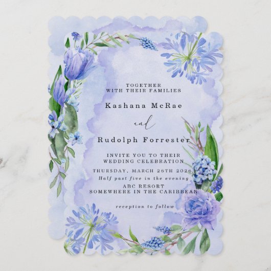 Paarse en blauwe bloemige platte Save The Date kaa (Voorkant / Achterkant)