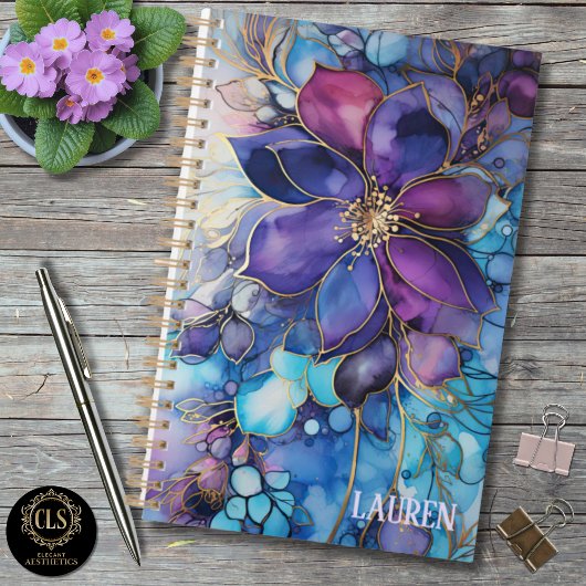 Paarse en Blauwe Bloemige Schone Naam Planner
