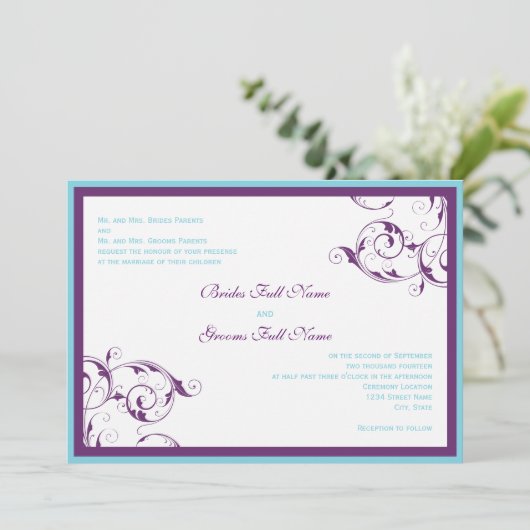 paarse en blauwe brute huwelijksuitnodiging kaart (Staand voorkant)