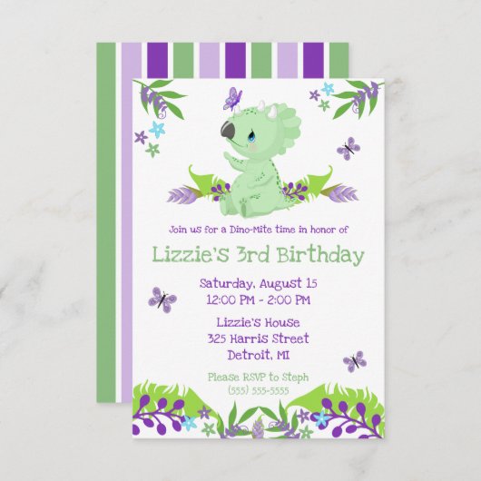 Paarse en blauwe dino-mijtetijd Birthday Party Kaart (Voorkant / Achterkant)