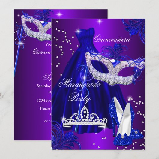 Paarse en blauwe dress masquerade Quinceanera Invi Kaart (Voorkant / Achterkant)
