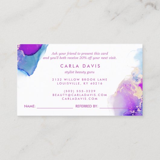 Paarse en blauwe elegante Waterverf alcoholinkt Aanbevelingskaartje (Achterkant)