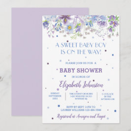 Paarse en Blauwe Floral Baby Boy Shower Invitation Kaart