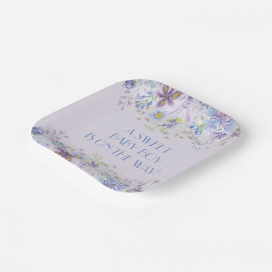 Paarse en Blauwe Floral Boy Shower Papieren Bordje (Gebogen)