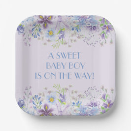 Paarse en Blauwe Floral Boy Shower Papieren Bordje