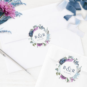 Paarse en blauwe Floral Wedding Envelope / Favor Ronde Sticker