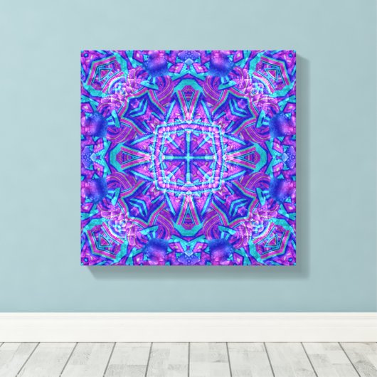 Paarse en blauwe  fractale Kaleidoscoop Canvas Afdruk (Insitu (Houten vloer))