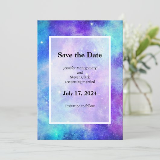 Paarse en blauwe Galaxy Space Abstracte bruiloft Save The Date (Staand voorkant)