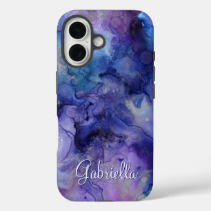 Paarse en Blauwe Galaxy Waterverf Naam iPhone 16 Hoesje
