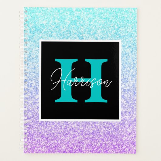 Paarse en blauwe Glitter Monogram Naam Gepersonali Planner (Voorkant)