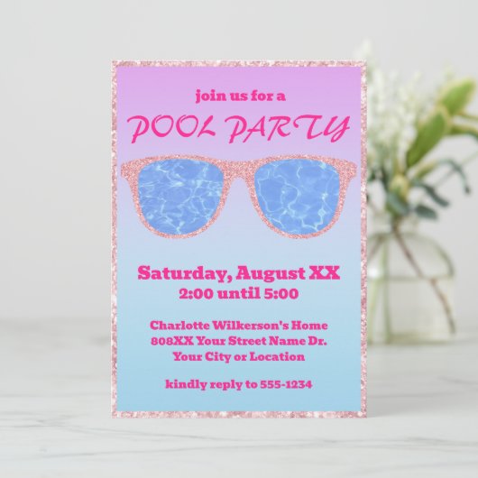 Paarse en Blauwe Gradiënt Tropische Pool Party Kaart (Staand voorkant)