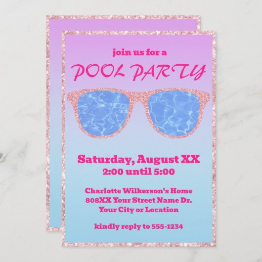 Paarse en Blauwe Gradiënt Tropische Pool Party Kaart (Voorkant / Achterkant)