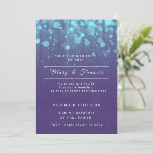 Paarse en blauwe lichten en Glitter Wedding Kaart (Staand voorkant)