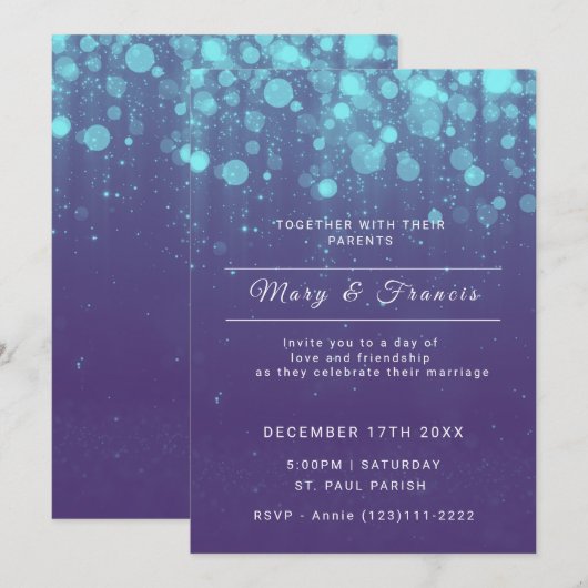 Paarse en blauwe lichten en Glitter Wedding Kaart (Voorkant / Achterkant)