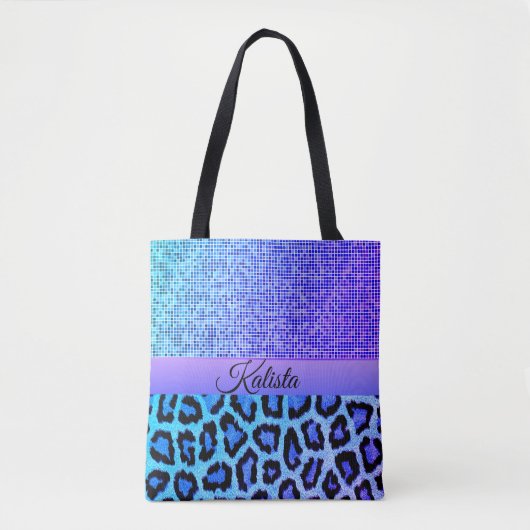 Paarse en blauwe luipaard en Pixels gepersonalisee Tote Bag (Voorkant)