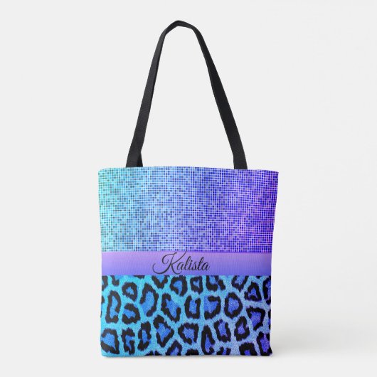 Paarse en blauwe luipaard en Pixels gepersonalisee Tote Bag (Achterkant)