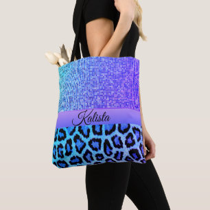 Paarse en blauwe luipaard en Pixels gepersonalisee Tote Bag