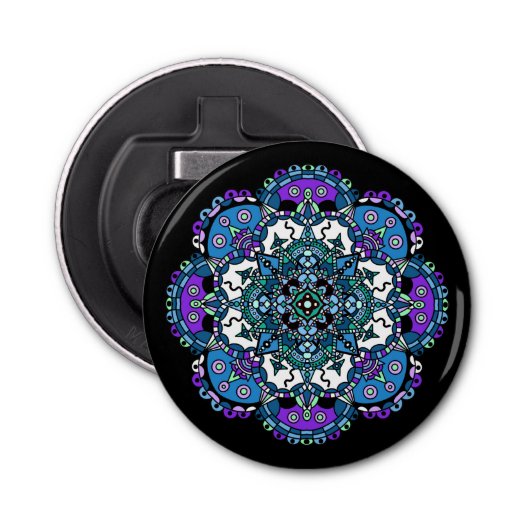 paarse en blauwe Mandala Abstracte kunst Button Flesopener (Voorkant)