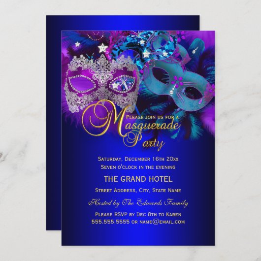 Paarse en blauwe maskers Masquerade Party Kaart (Voorkant / Achterkant)
