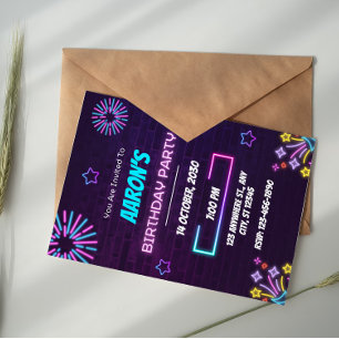 Paarse en Blauwe Neon Verjaardagsfeest Kaart