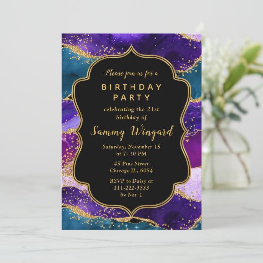 Paarse en blauwe pacock Agate Birthday Kaart (Staand voorkant)