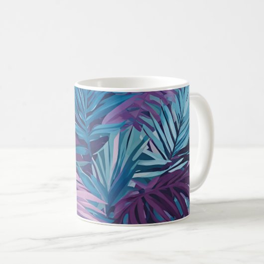 Paarse en Blauwe Palm Leaf Tropische Patroon Koffiemok (Voorkant rechts)