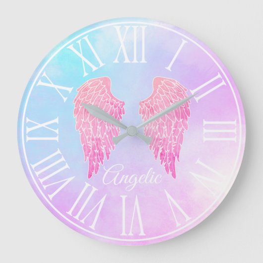 Paarse en blauwe pastel Roze Angel Wings Grote Klok (Voorkant)