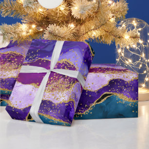 Paarse en Blauwe Pauw Nep Glitter Agaat Cadeaupapier