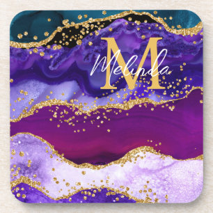 Paarse en Blauwe Pauw Nep Glitter Agate Bier Onderzetter