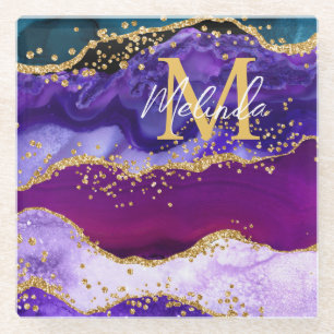 Paarse en Blauwe Pauw Nep Glitter Agate Glazen Onderzetter