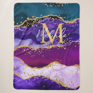 Paarse en Blauwe Pauw Nep Glitter Agate Sherpa Deken