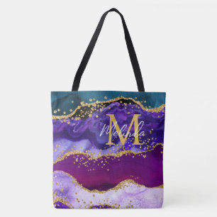 Paarse en Blauwe Pauw Nep Glitter Agate Tote Bag