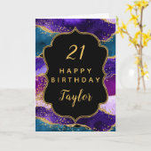 Paarse en Blauwe Peacock Agaat Happy Birthday Kaart (Gele Bloem)