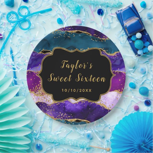 Paarse en Blauwe Peacock Agaat Sweet Sixteen Papieren Bordje (Feest)