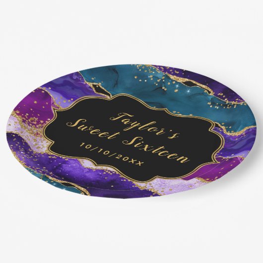 Paarse en Blauwe Peacock Agaat Sweet Sixteen Papieren Bordje (Gekanteld)