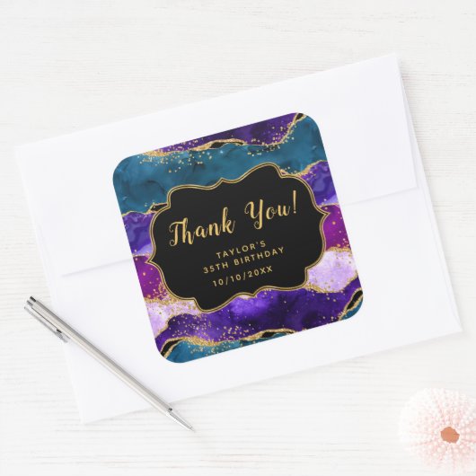Paarse en Blauwe Peacock Agaat Verjaardag Dank u Vierkante Sticker (Envelop)